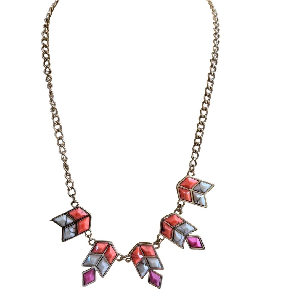 Geometric Gold Tone Bib Necklace Coral Pink White Chevron Statement Jewelry